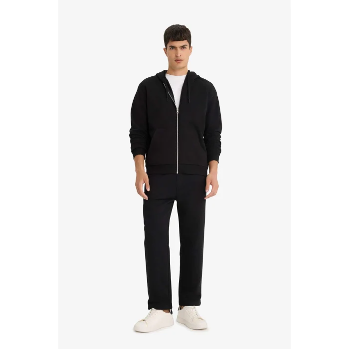 Defacto D7599AXBK81 Siyah Comfort Fit Kapüşonlu İçi Yumuşak Tüylü Basic Düz Cepli Kalın Fermuarlı Sweatshirt