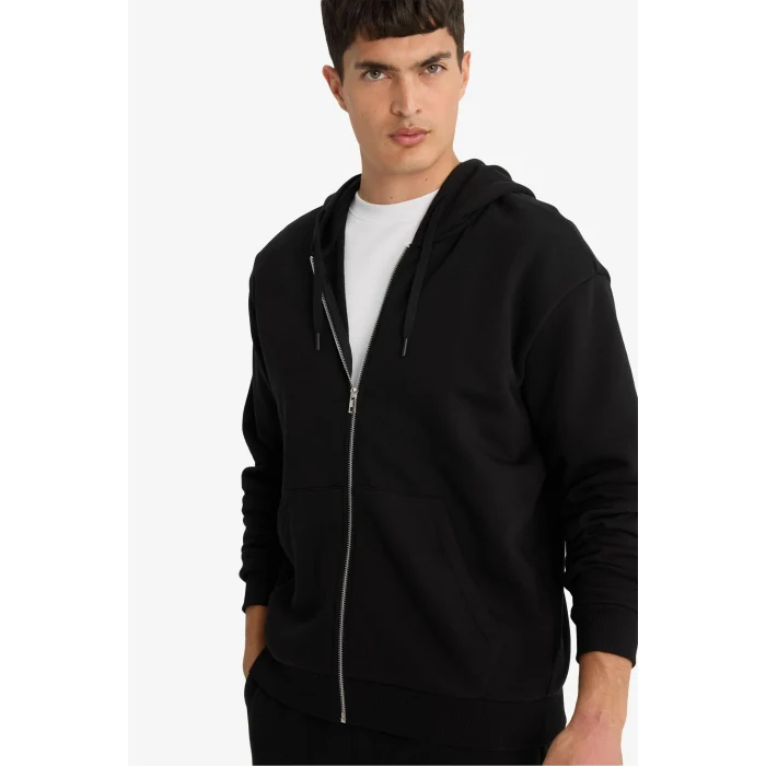 Defacto D7599AXBK81 Siyah Comfort Fit Kapüşonlu İçi Yumuşak Tüylü Basic Düz Cepli Kalın Fermuarlı Sweatshirt