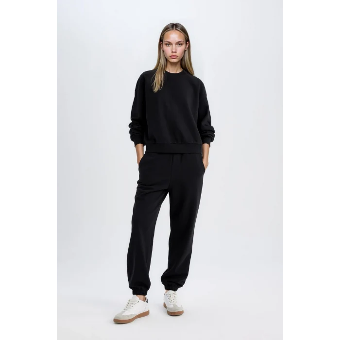 Defacto D8022 Siyah Regular Fit Normal Kalıp Basic Düz İçi Kalın Polarlı Eşofman Takımı