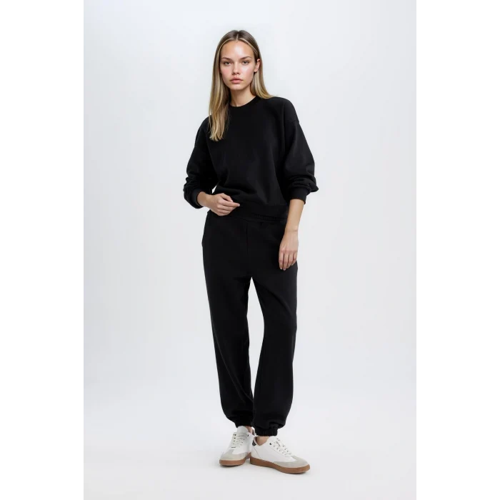 Defacto D8022 Siyah Regular Fit Normal Kalıp Basic Düz İçi Kalın Polarlı Eşofman Takımı