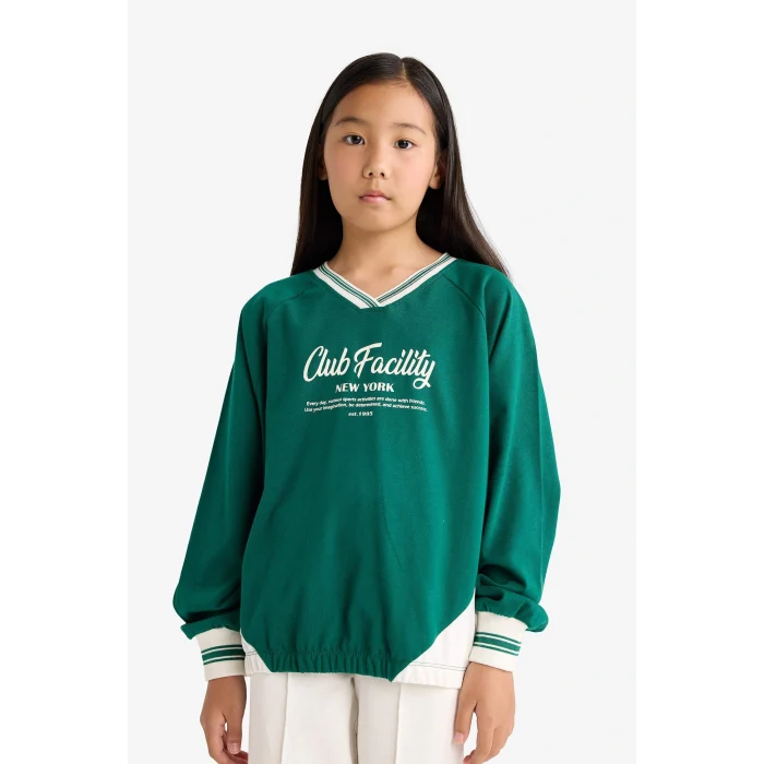 Defacto F7583A8GN651 Yeşil Kız Çocuk Oversize Geniş Kalıp V Yaka Baskılı Okul Sweatshirt