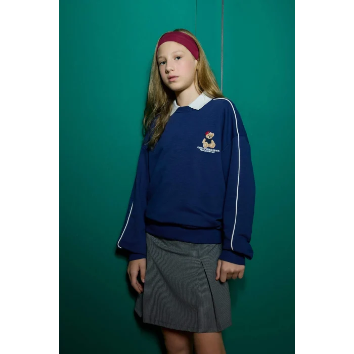 Defacto F2250A8NV42 Lacivert Kız Çocuk Oversize Geniş Kalıp Bisiklet Yaka Baskılı Sweatshirt