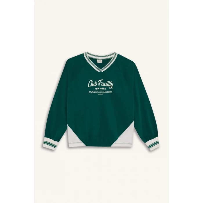 Defacto F7583A8GN651 Yeşil Kız Çocuk Oversize Geniş Kalıp V Yaka Baskılı Okul Sweatshirt