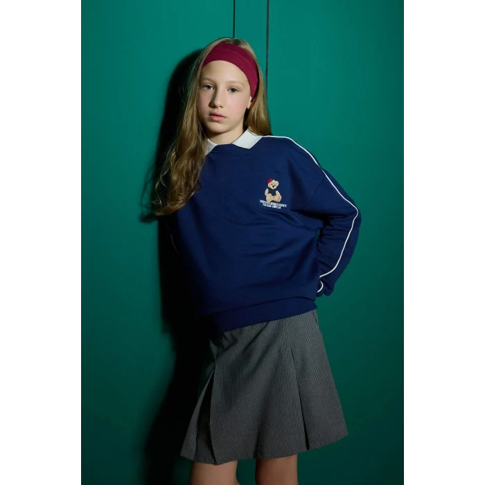 Defacto F2250A8NV42 Lacivert Kız Çocuk Oversize Geniş Kalıp Bisiklet Yaka Baskılı Sweatshirt