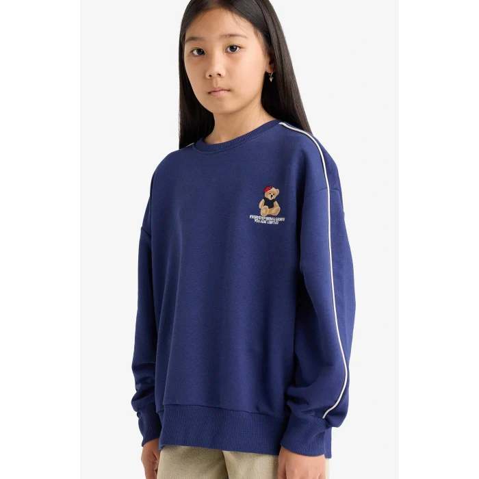 Defacto F2250A8NV42 Lacivert Kız Çocuk Oversize Geniş Kalıp Bisiklet Yaka Baskılı Sweatshirt