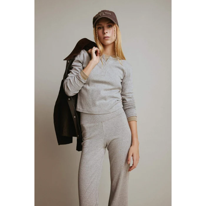 Defacto E7680AXGR210 Gri Coool Fitted Düğmeli Yaka Ribana Uzun Kollu Tişört