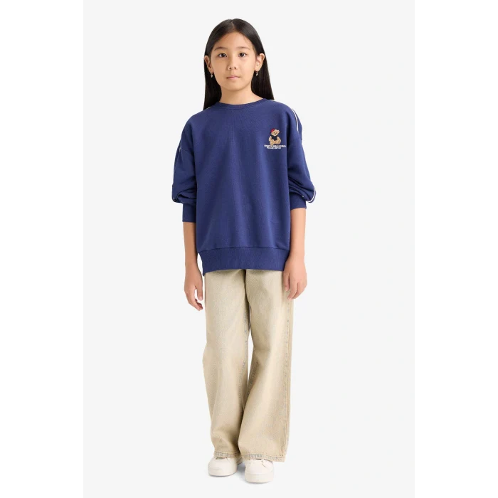 Defacto F2250A8NV42 Lacivert Kız Çocuk Oversize Geniş Kalıp Bisiklet Yaka Baskılı Sweatshirt