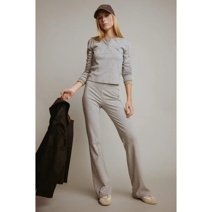 Defacto E7680AXGR210 Gri Coool Fitted Düğmeli Yaka Ribana Uzun Kollu Tişört