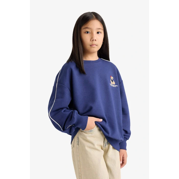 Defacto F2250A8NV42 Lacivert Kız Çocuk Oversize Geniş Kalıp Bisiklet Yaka Baskılı Sweatshirt