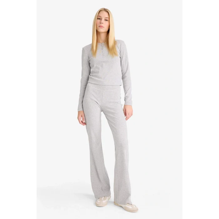 Defacto E7680AXGR210 Gri Coool Fitted Düğmeli Yaka Ribana Uzun Kollu Tişört