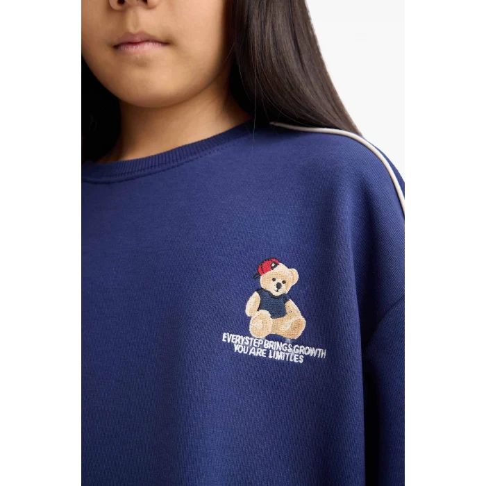 Defacto F2250A8NV42 Lacivert Kız Çocuk Oversize Geniş Kalıp Bisiklet Yaka Baskılı Sweatshirt