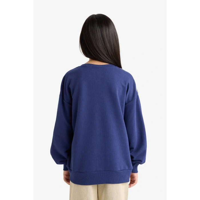 Defacto F2250A8NV42 Lacivert Kız Çocuk Oversize Geniş Kalıp Bisiklet Yaka Baskılı Sweatshirt