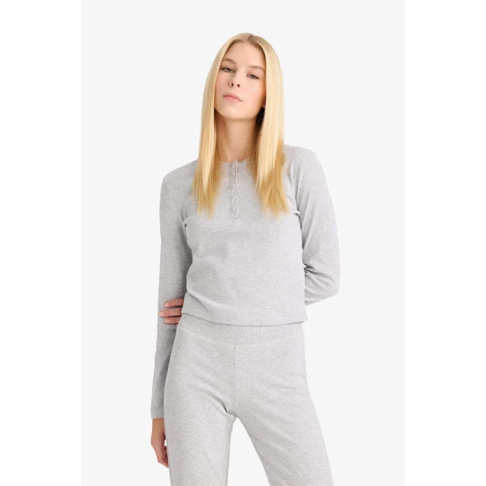 Defacto E7680AXGR210 Gri Coool Fitted Düğmeli Yaka Ribana Uzun Kollu Tişört