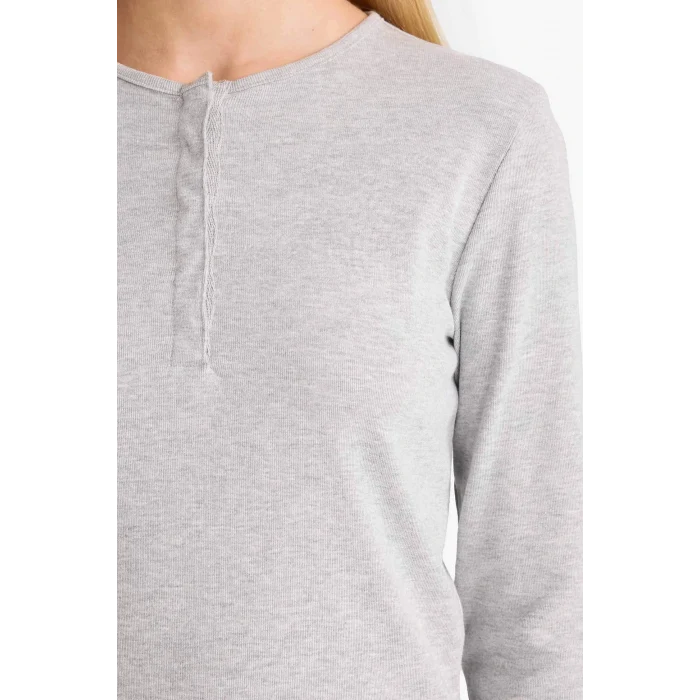 Defacto E7680AXGR210 Gri Coool Fitted Düğmeli Yaka Ribana Uzun Kollu Tişört