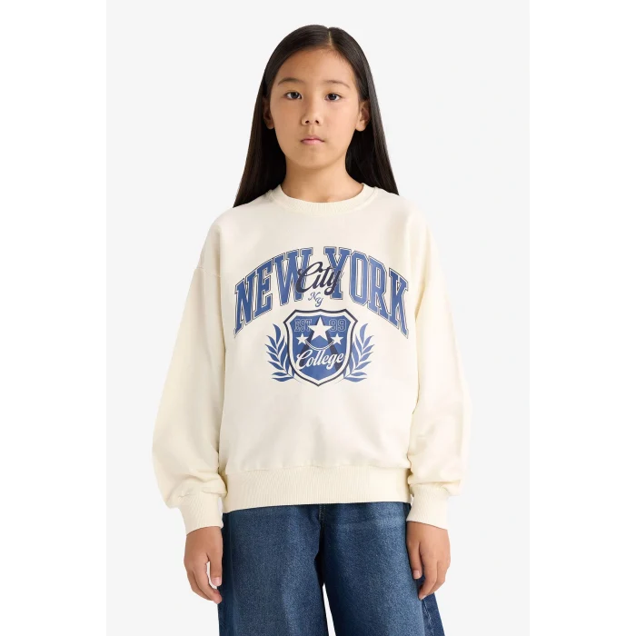 Defacto E8773A8ER99 Ekru Kız Çocuk Relax Fit Bisiklet Yaka Baskılı Sweatshirt