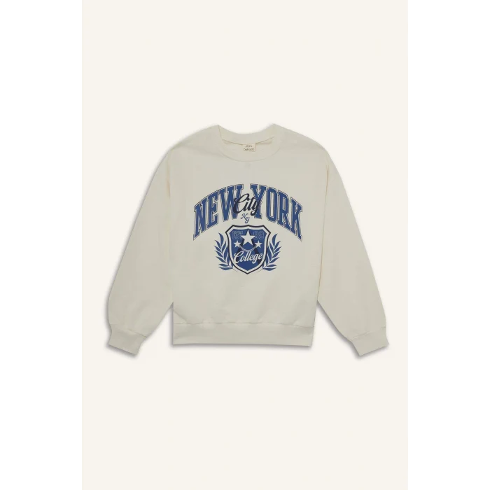 Defacto E8773A8ER99 Ekru Kız Çocuk Relax Fit Bisiklet Yaka Baskılı Sweatshirt