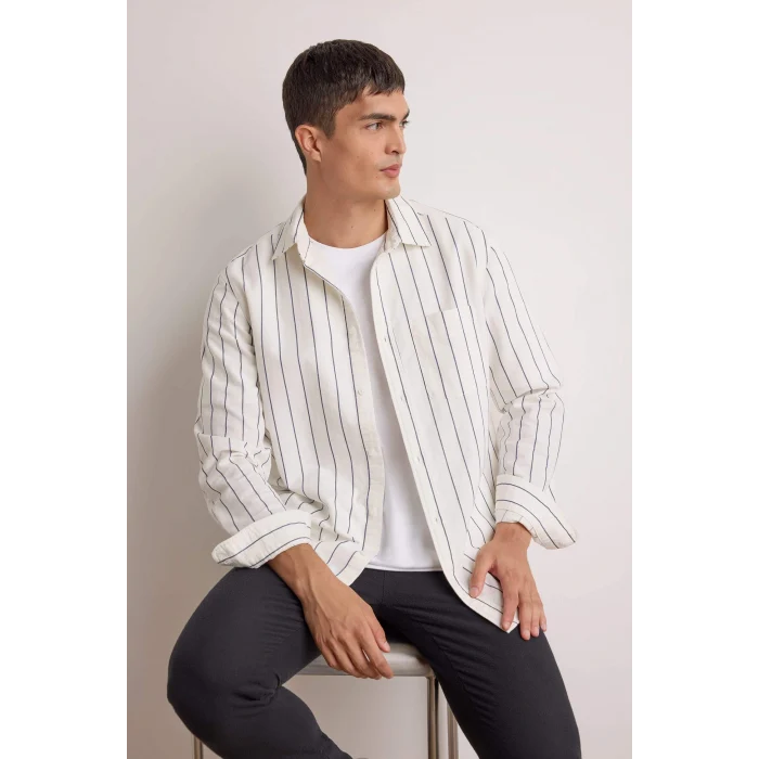Defacto E7893AXWT34 Beyaz Regular Fit Polo Yaka Pamuklu Uzun Kollu Çizgili Gömlek