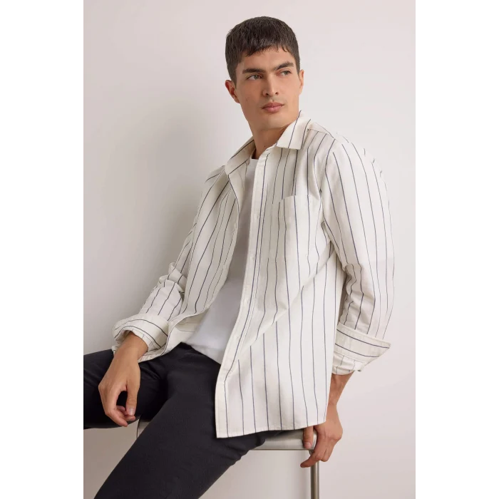 Defacto E7893AXWT34 Beyaz Regular Fit Polo Yaka Pamuklu Uzun Kollu Çizgili Gömlek