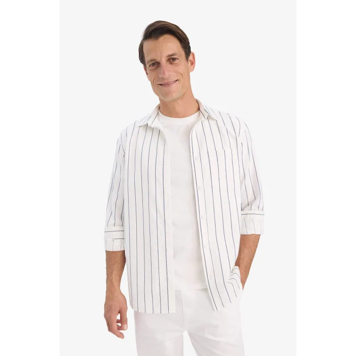 Defacto E7893AXWT34 Beyaz Regular Fit Polo Yaka Pamuklu Uzun Kollu Çizgili Gömlek