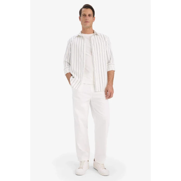 Defacto E7893AXWT34 Beyaz Regular Fit Polo Yaka Pamuklu Uzun Kollu Çizgili Gömlek