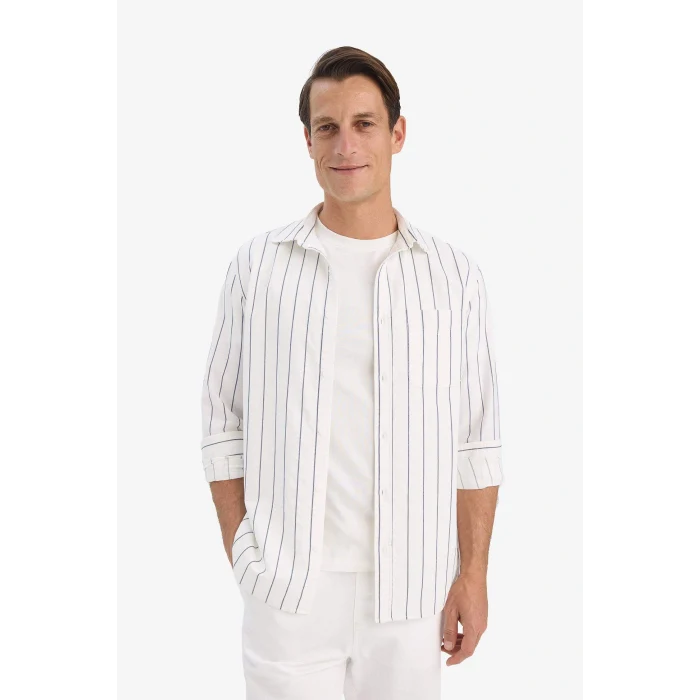 Defacto E7893AXWT34 Beyaz Regular Fit Polo Yaka Pamuklu Uzun Kollu Çizgili Gömlek