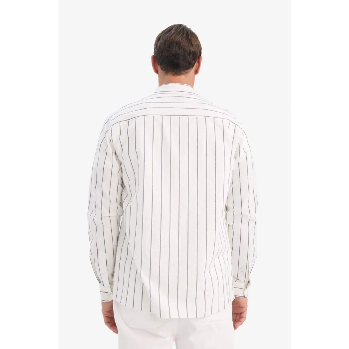 Defacto E7893AXWT34 Beyaz Regular Fit Polo Yaka Pamuklu Uzun Kollu Çizgili Gömlek