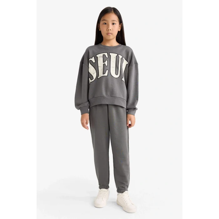 Defacto E6416A8AR82 Antrasit Kız Çocuk 2li Takım Baskılı Sweatshirt Eşofman Altı