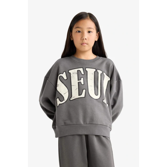 Defacto E6416A8AR82 Antrasit Kız Çocuk 2li Takım Baskılı Sweatshirt Eşofman Altı