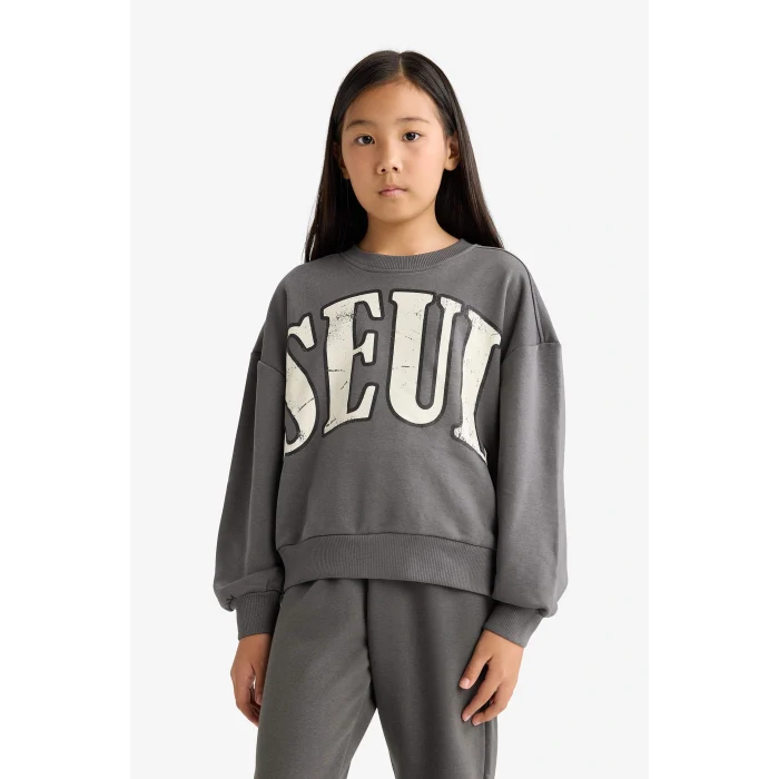 Defacto E6416A8AR82 Antrasit Kız Çocuk 2li Takım Baskılı Sweatshirt Eşofman Altı