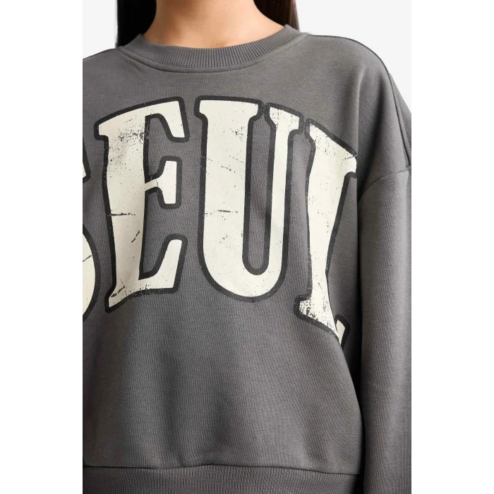 Defacto E6416A8AR82 Antrasit Kız Çocuk 2li Takım Baskılı Sweatshirt Eşofman Altı