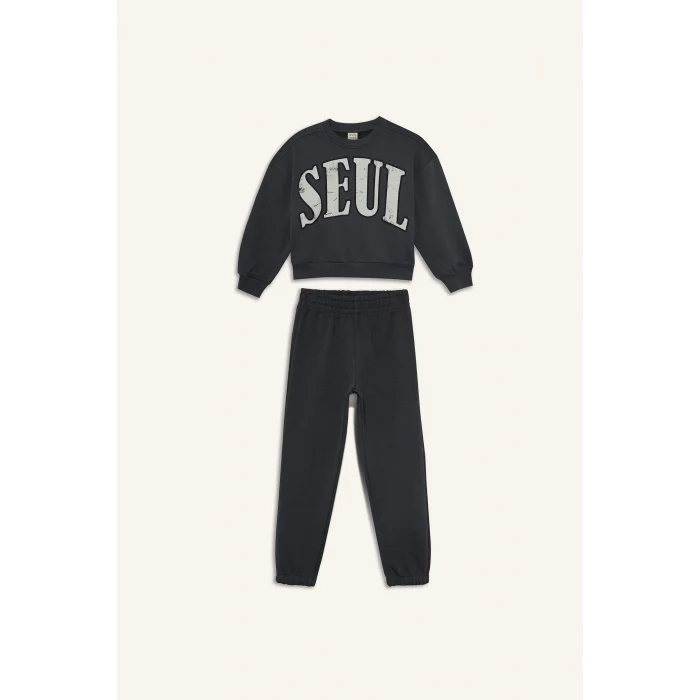 Defacto E6416A8AR82 Antrasit Kız Çocuk 2li Takım Baskılı Sweatshirt Eşofman Altı
