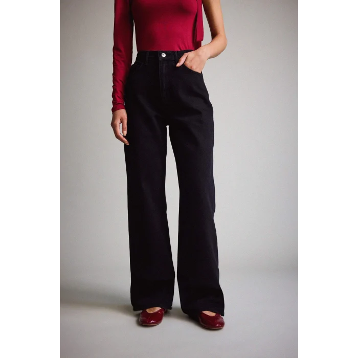 Defacto F5788AXNM40 Siyah Straight Wide Yüksek Bel Uzun Jean Pantolon
