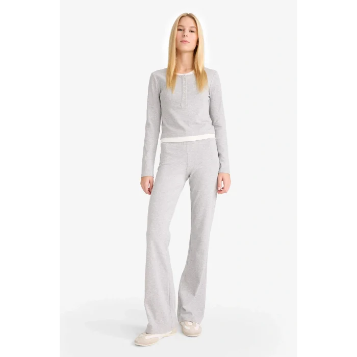 Defacto F9352AXGR256 Gri Coool Halter Yaka Ribana Uzun Kollu Tişört