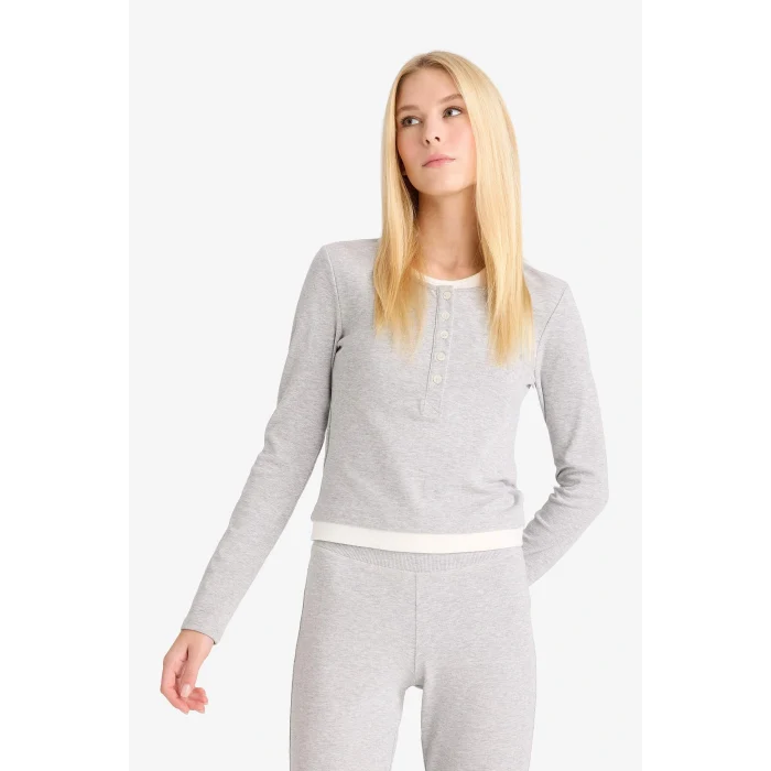 Defacto F9352AXGR256 Gri Coool Halter Yaka Ribana Uzun Kollu Tişört