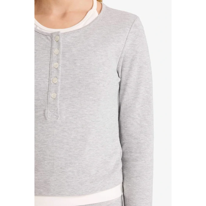 Defacto F9352AXGR256 Gri Coool Halter Yaka Ribana Uzun Kollu Tişört