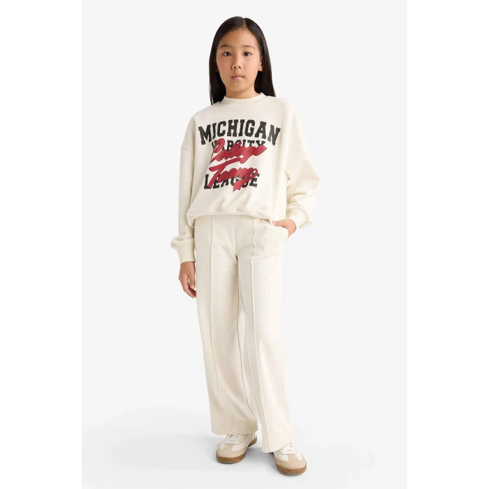 Defacto F2564A8ER238 Ekru Kız Çocuk 2li Takım Baskılı Sweatshirt Eşofman Altı