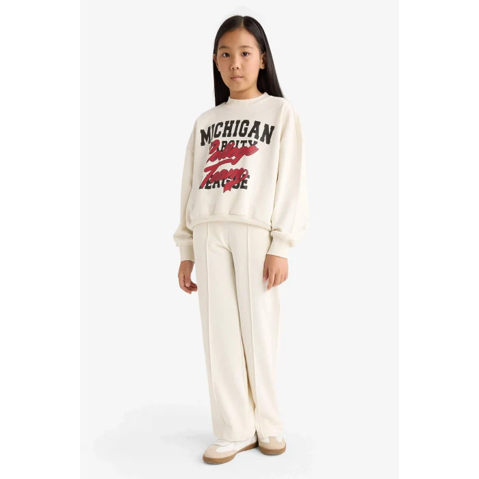 Defacto F2564A8ER238 Ekru Kız Çocuk 2li Takım Baskılı Sweatshirt Eşofman Altı