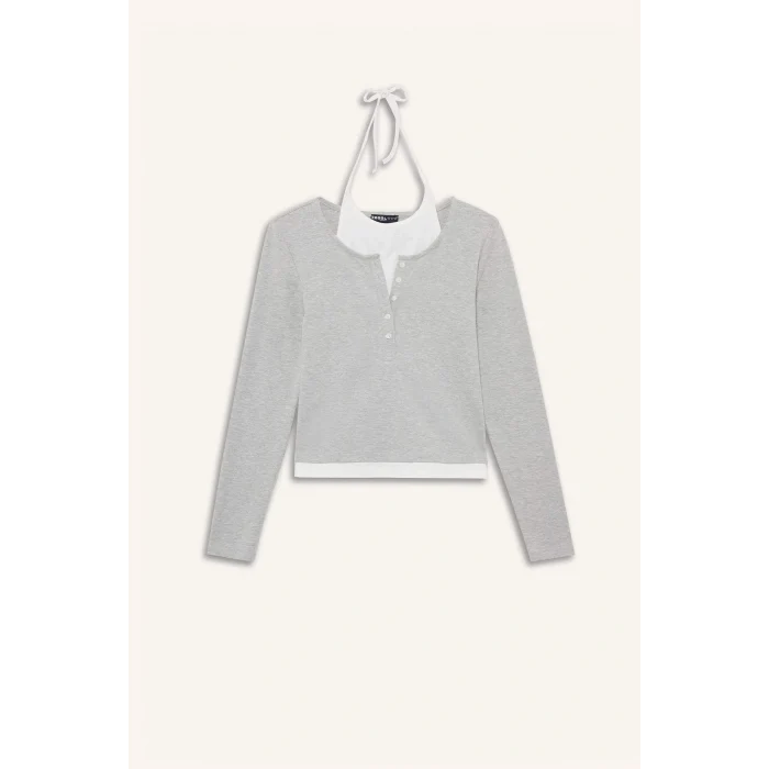 Defacto F9352AXGR256 Gri Coool Halter Yaka Ribana Uzun Kollu Tişört