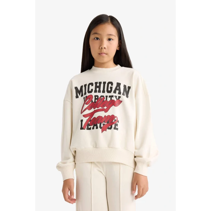 Defacto F2564A8ER238 Ekru Kız Çocuk 2li Takım Baskılı Sweatshirt Eşofman Altı