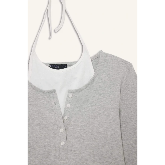 Defacto F9352AXGR256 Gri Coool Halter Yaka Ribana Uzun Kollu Tişört