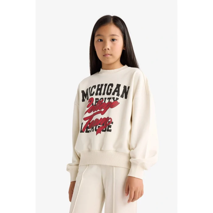 Defacto F2564A8ER238 Ekru Kız Çocuk 2li Takım Baskılı Sweatshirt Eşofman Altı