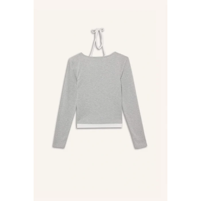 Defacto F9352AXGR256 Gri Coool Halter Yaka Ribana Uzun Kollu Tişört