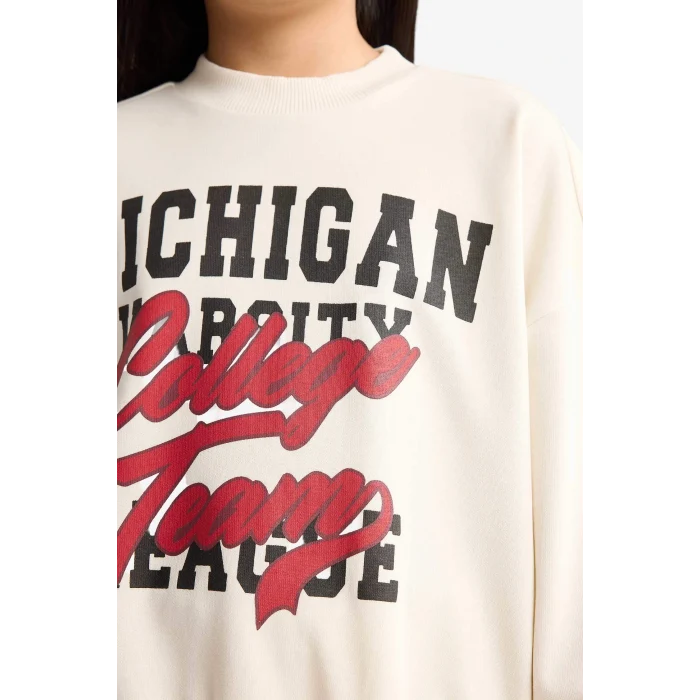 Defacto F2564A8ER238 Ekru Kız Çocuk 2li Takım Baskılı Sweatshirt Eşofman Altı