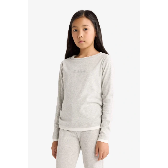 Defacto G0119A8GR93 Gri Kız Çocuk 2li Takım Baskılı Uzun Kollu Tişört Eşofman Altı