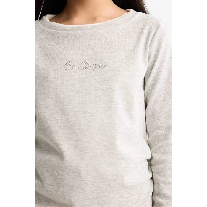 Defacto G0119A8GR93 Gri Kız Çocuk 2li Takım Baskılı Uzun Kollu Tişört Eşofman Altı