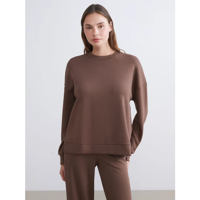 LCW Vision Kahverengi Bisiklet Yaka Oversize Kadın Sweatshirt