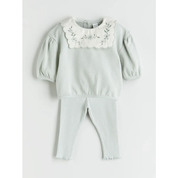 LCW baby Gri Bisiklet Yaka Kız Bebek Sweatshirt ve Tayt 2li