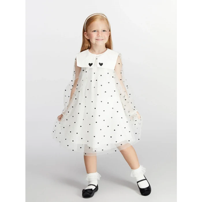 LCW Kids Ekru Tüllü Kalp Baskılı Kız Çocuk Elbise