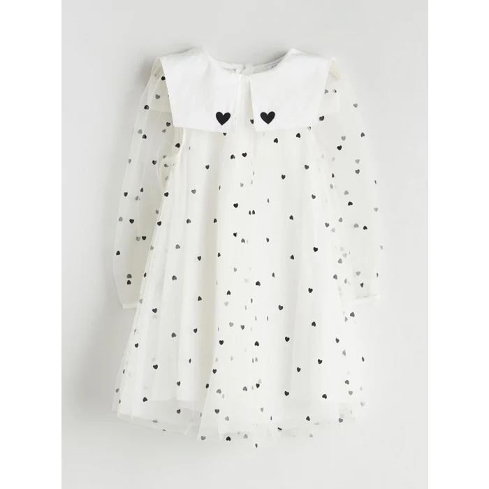 LCW Kids Ekru Tüllü Kalp Baskılı Kız Çocuk Elbise