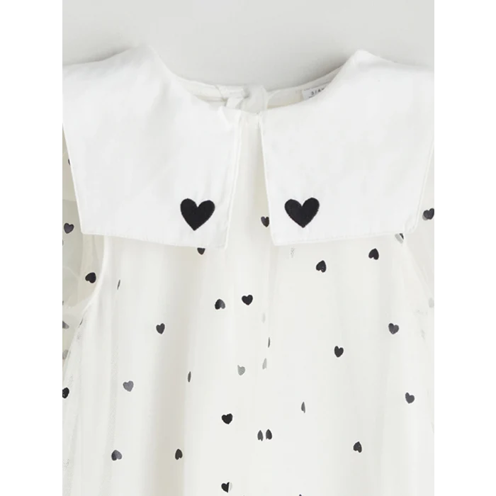 LCW Kids Ekru Tüllü Kalp Baskılı Kız Çocuk Elbise